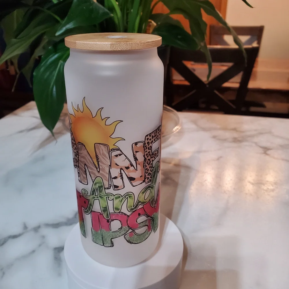 TANNED And TIPSY 25oz Frosted Glass Jar Tumbler 🎉sale